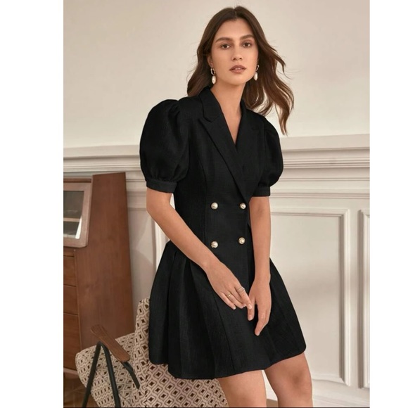 FRENCH PUFF SLEEVE DOUBLE BREASTED PLEATED HEM DRESS - Picture 8 of 16